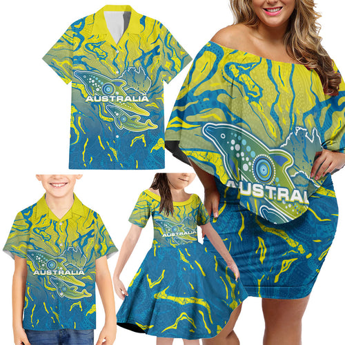 Australia National Swimming Team Family Matching Off Shoulder Short Dress and Hawaiian Shirt Aboriginal Shark Dot Pattern Ocean Art
