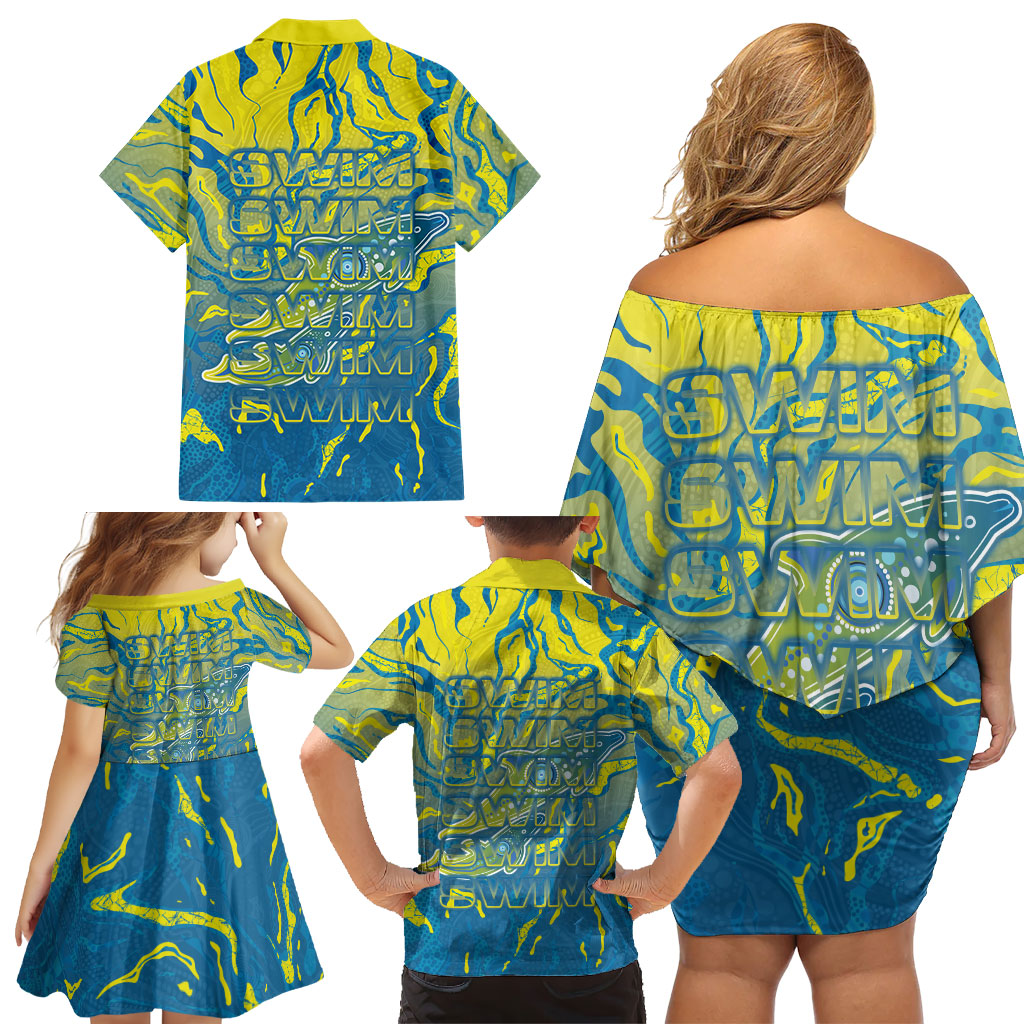 Australia National Swimming Team Family Matching Off Shoulder Short Dress and Hawaiian Shirt Aboriginal Shark Dot Pattern Ocean Art