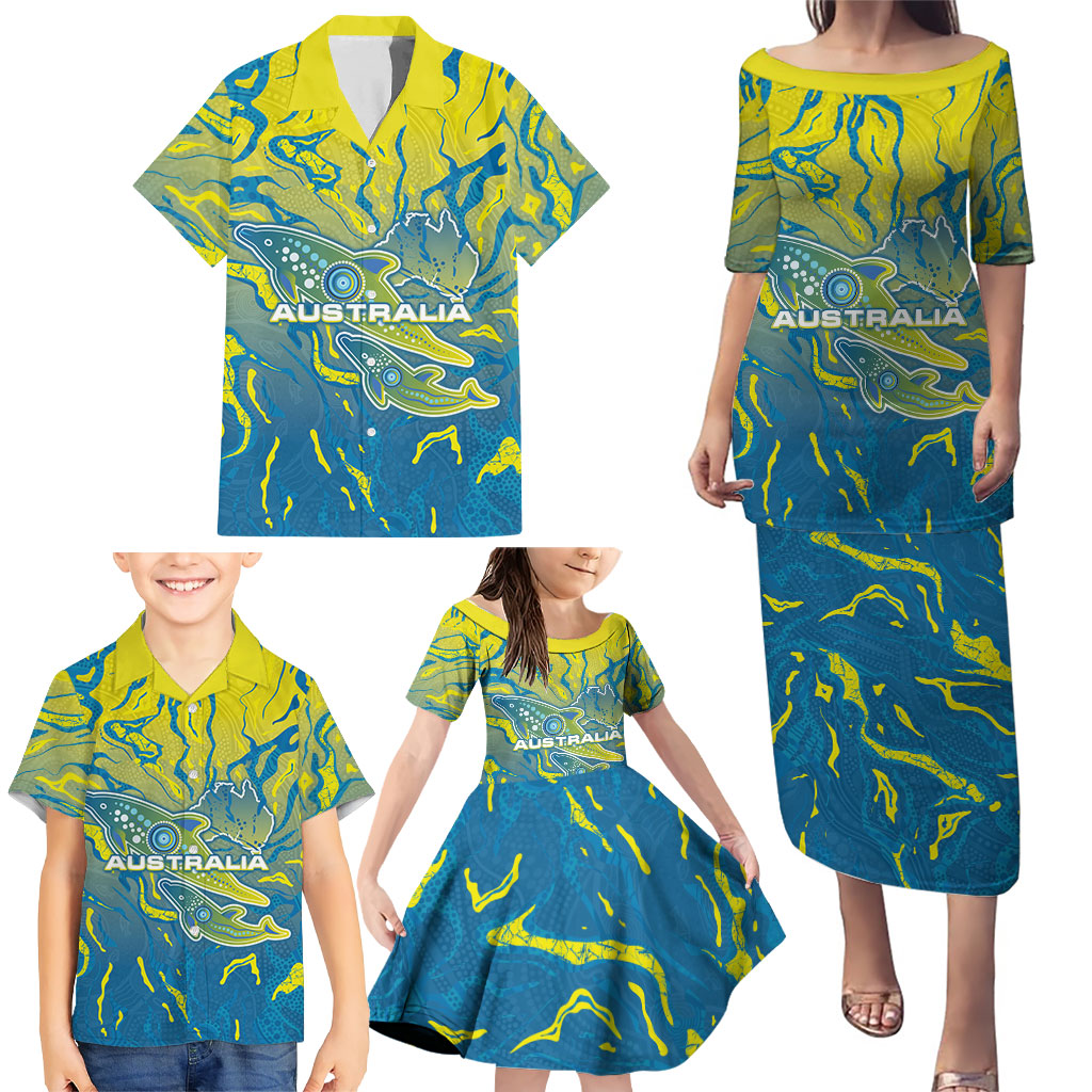 Australia National Swimming Team Family Matching Puletasi and Hawaiian Shirt Aboriginal Shark Dot Pattern Ocean Art