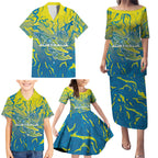 Australia National Swimming Team Family Matching Puletasi and Hawaiian Shirt Aboriginal Shark Dot Pattern Ocean Art
