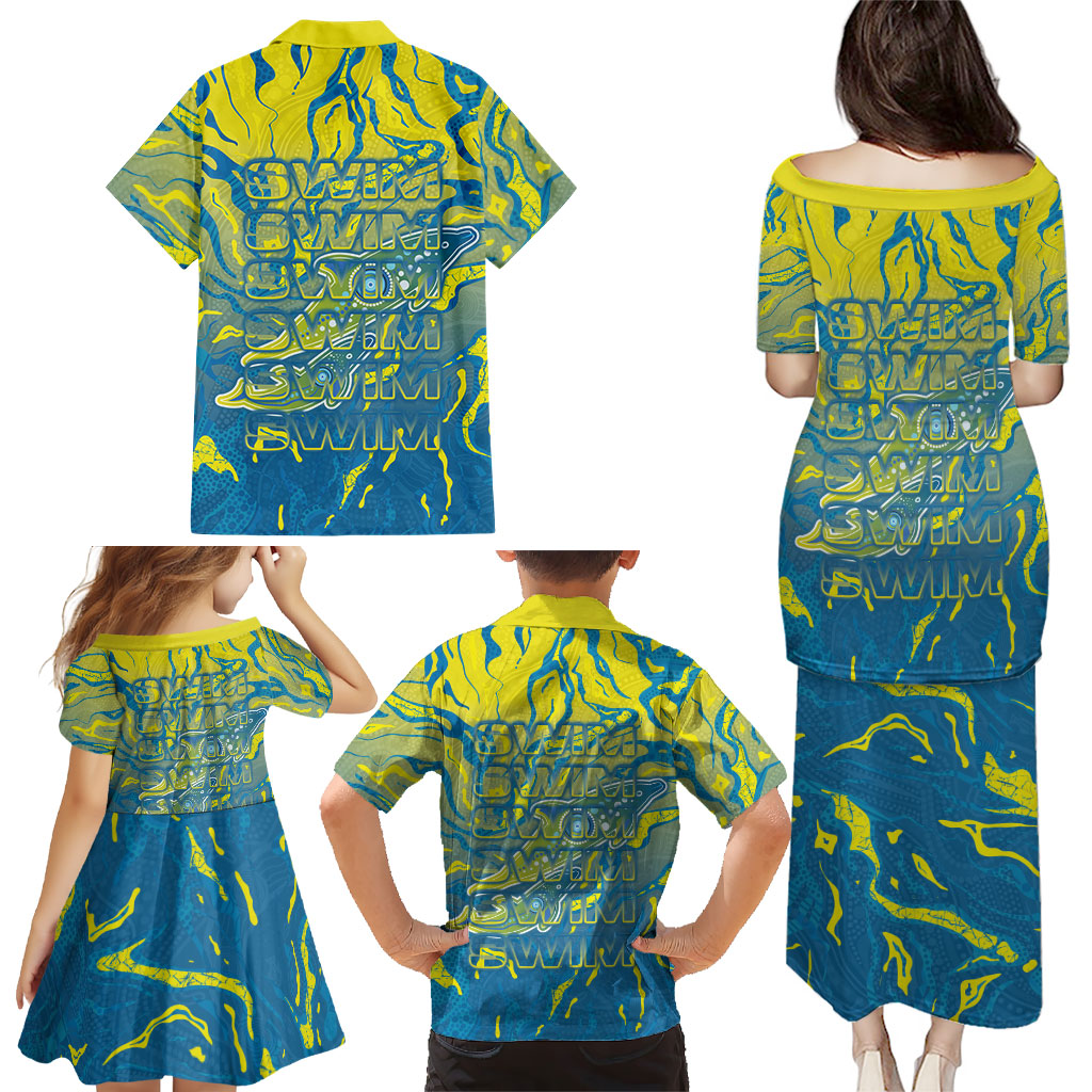 Australia National Swimming Team Family Matching Puletasi and Hawaiian Shirt Aboriginal Shark Dot Pattern Ocean Art