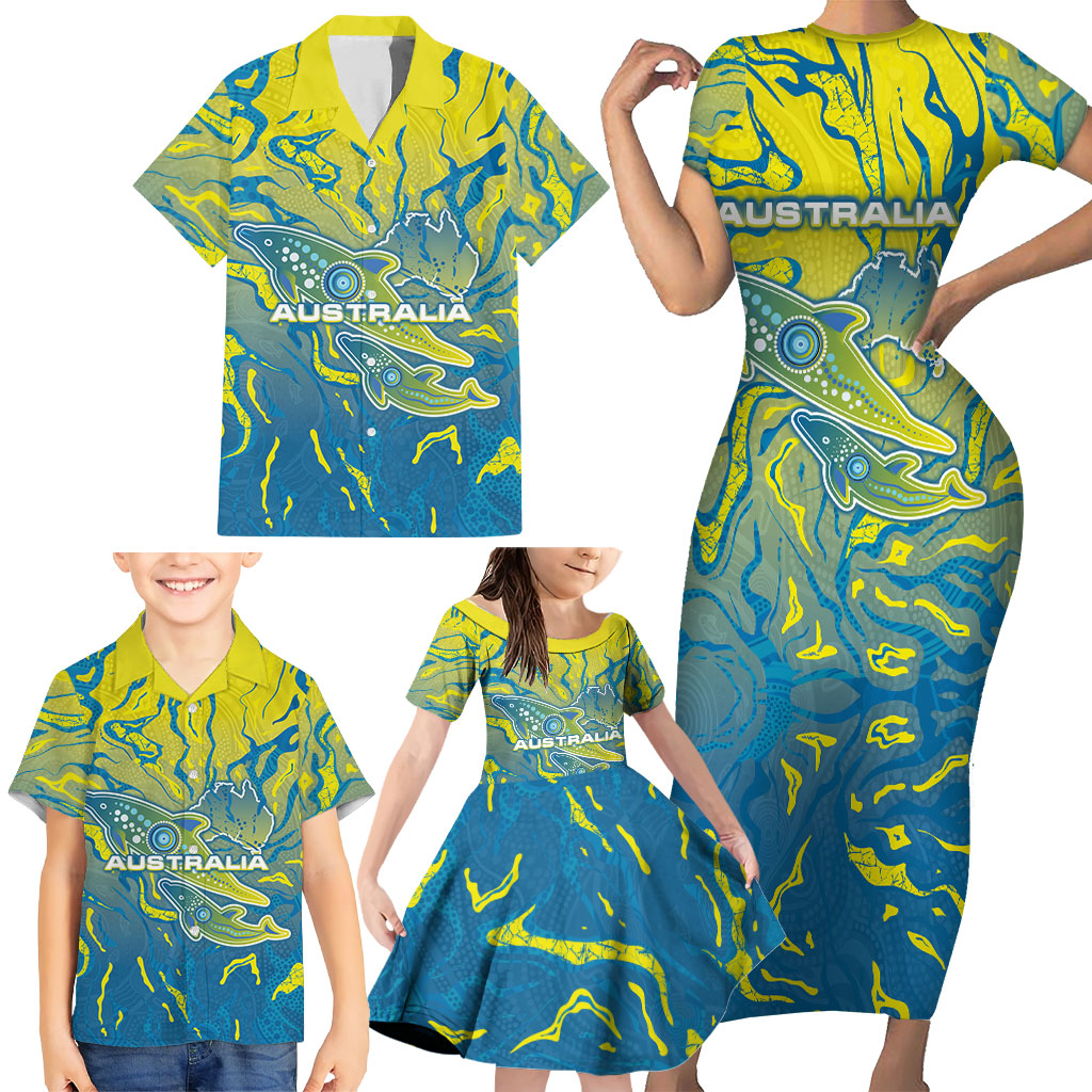 Australia National Swimming Team Family Matching Short Sleeve Bodycon Dress and Hawaiian Shirt Aboriginal Shark Dot Pattern Ocean Art