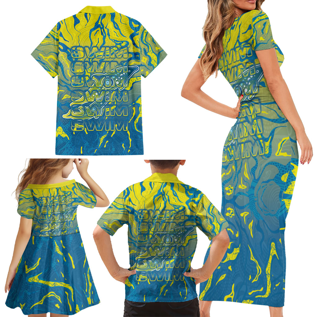 Australia National Swimming Team Family Matching Short Sleeve Bodycon Dress and Hawaiian Shirt Aboriginal Shark Dot Pattern Ocean Art