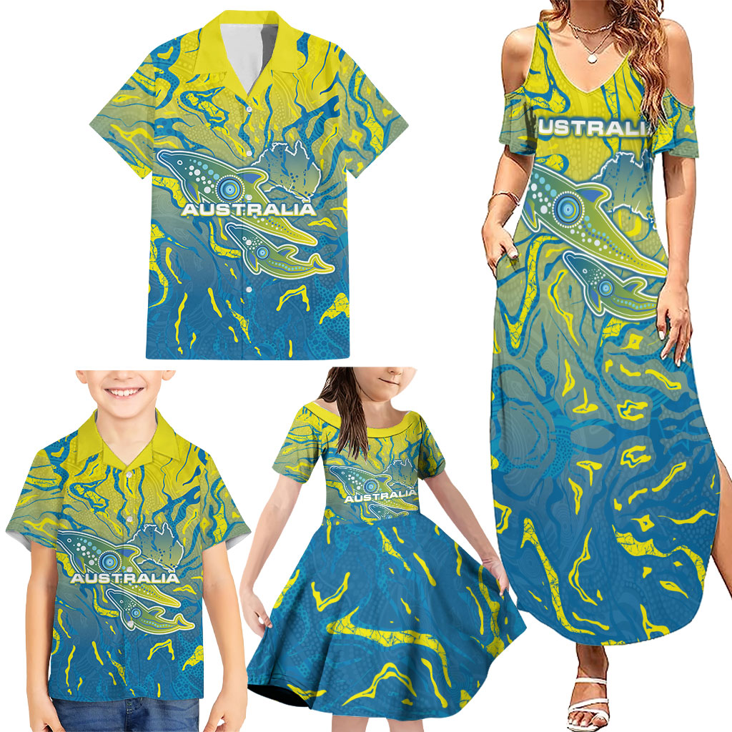 Australia National Swimming Team Family Matching Summer Maxi Dress and Hawaiian Shirt Aboriginal Shark Dot Pattern Ocean Art