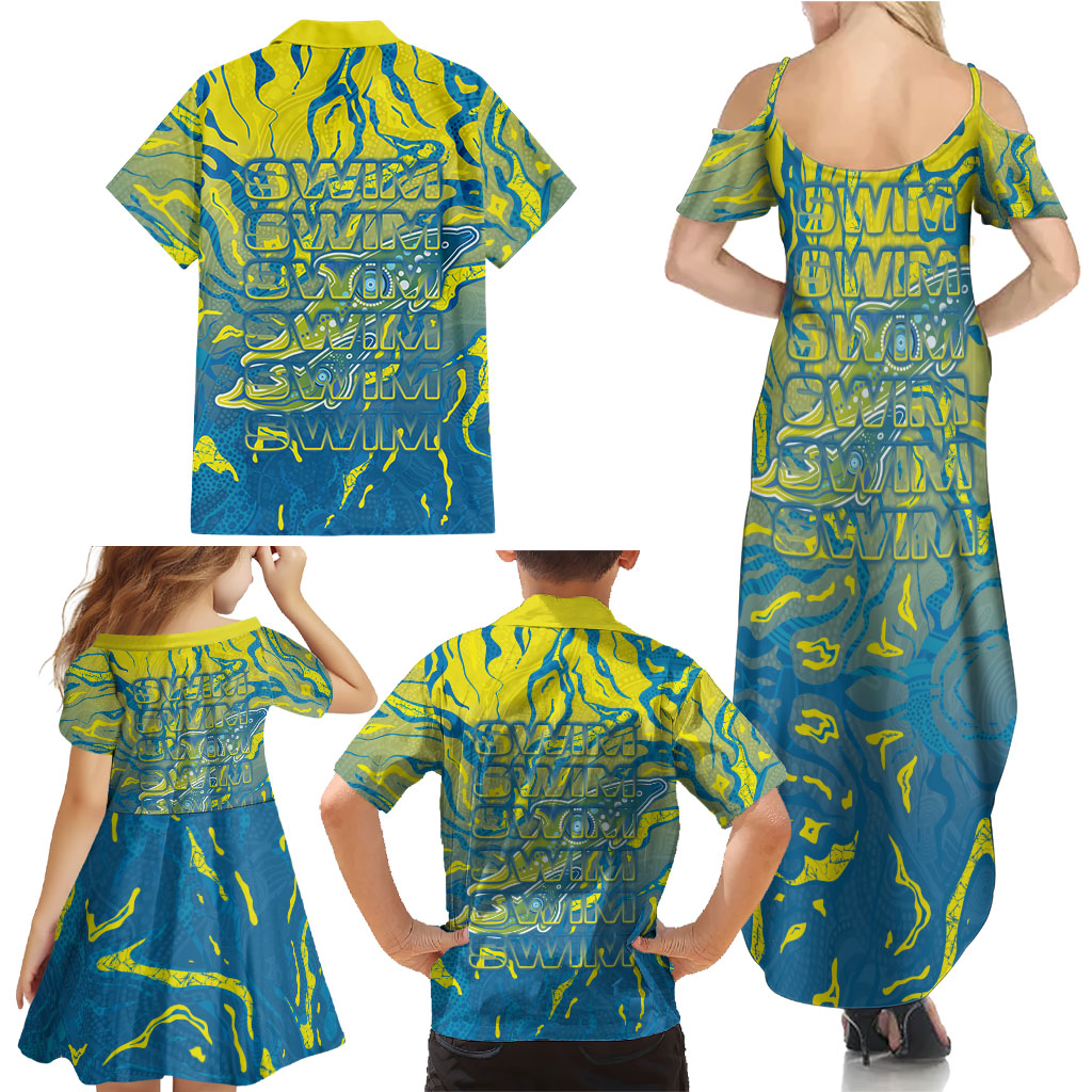 Australia National Swimming Team Family Matching Summer Maxi Dress and Hawaiian Shirt Aboriginal Shark Dot Pattern Ocean Art