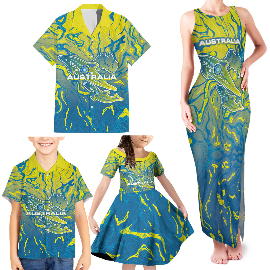 Australia National Swimming Team Family Matching Tank Maxi Dress and Hawaiian Shirt Aboriginal Shark Dot Pattern Ocean Art