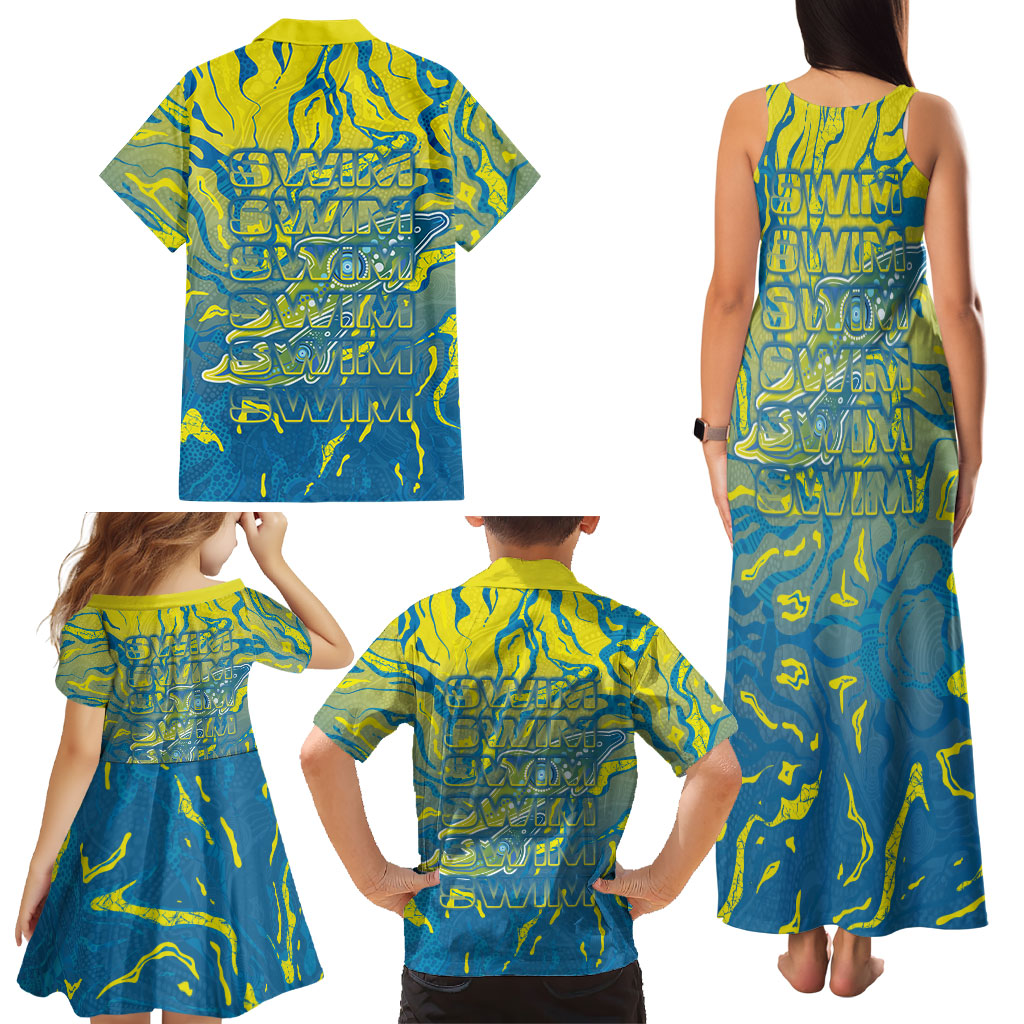 Australia National Swimming Team Family Matching Tank Maxi Dress and Hawaiian Shirt Aboriginal Shark Dot Pattern Ocean Art