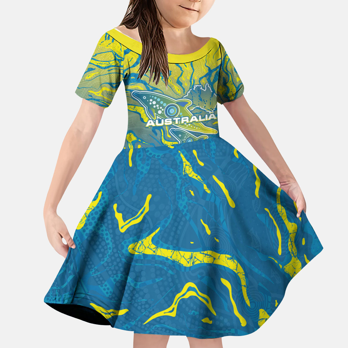 Australia National Swimming Team Kid Short Sleeve Dress Aboriginal Shark Dot Pattern Ocean Art