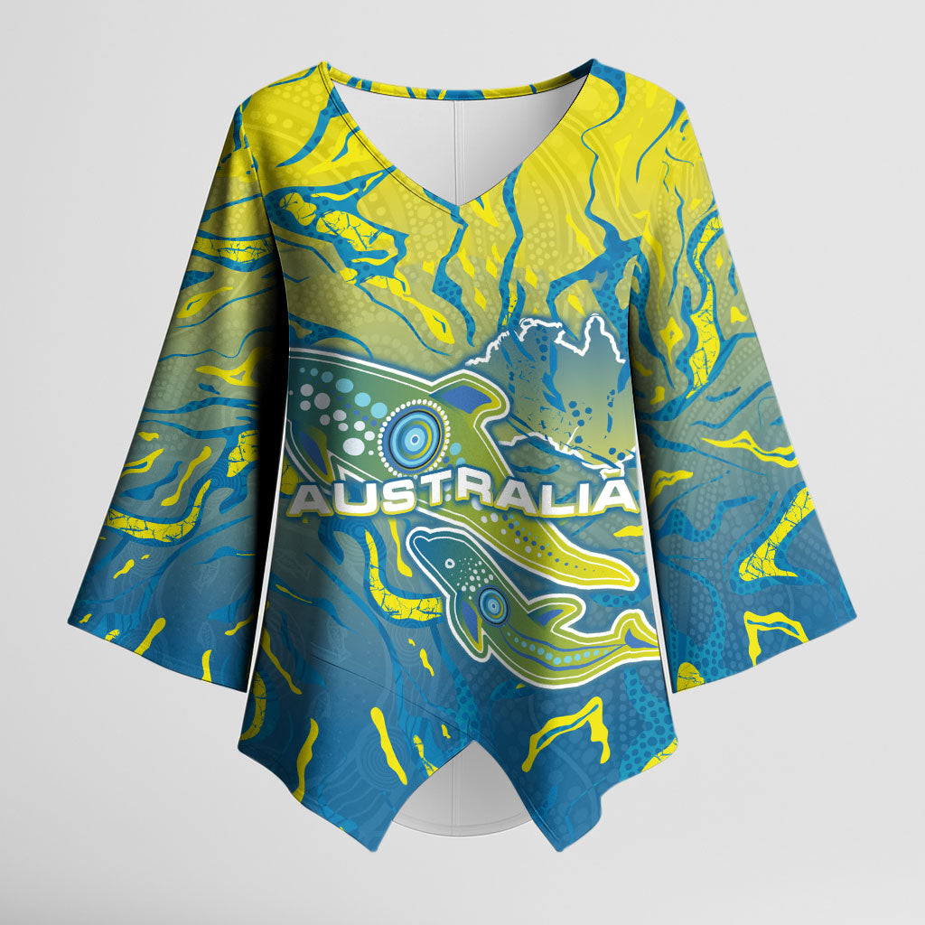 Australia National Swimming Team Kimono Sleeve Blouse Aboriginal Shark Dot Pattern Ocean Art