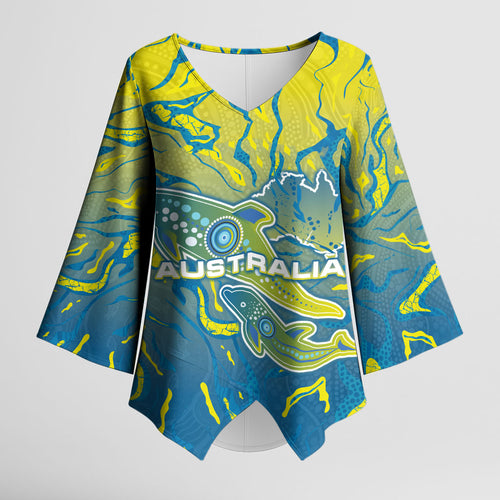 Australia National Swimming Team Kimono Sleeve Blouse Aboriginal Shark Dot Pattern Ocean Art