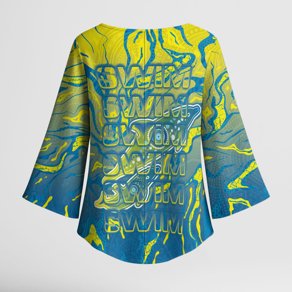 Australia National Swimming Team Kimono Sleeve Blouse Aboriginal Shark Dot Pattern Ocean Art