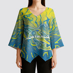 Australia National Swimming Team Kimono Sleeve Blouse Aboriginal Shark Dot Pattern Ocean Art