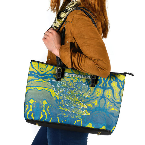 Australia National Swimming Team Leather Tote Bag Aboriginal Shark Dot Pattern Ocean Art