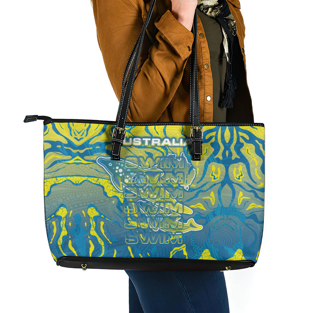 Australia National Swimming Team Leather Tote Bag Aboriginal Shark Dot Pattern Ocean Art