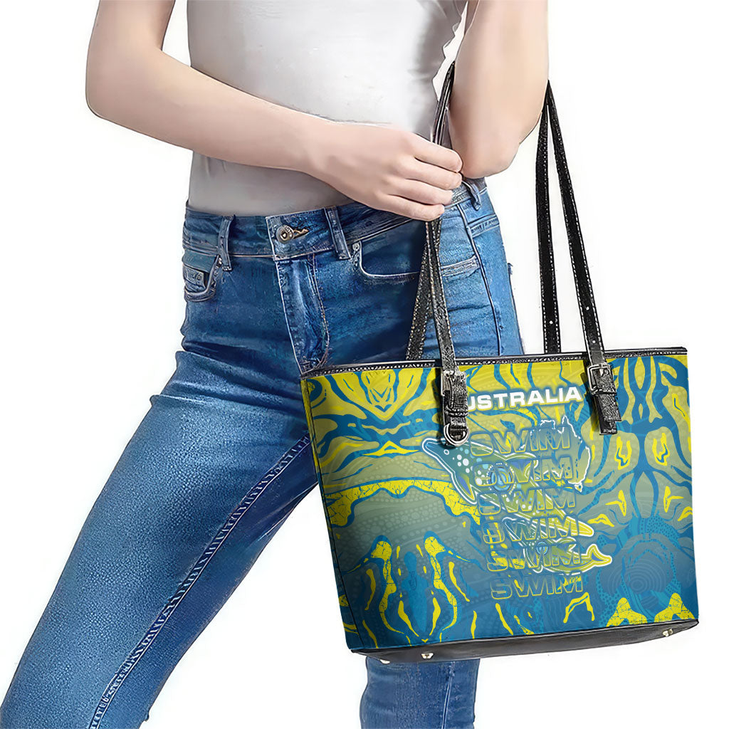 Australia National Swimming Team Leather Tote Bag Aboriginal Shark Dot Pattern Ocean Art
