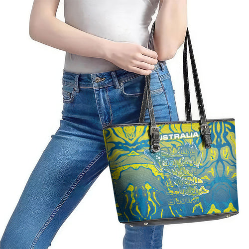Australia National Swimming Team Leather Tote Bag Aboriginal Shark Dot Pattern Ocean Art