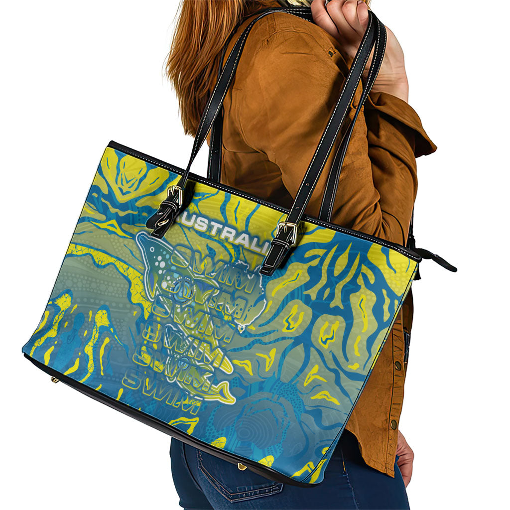 Australia National Swimming Team Leather Tote Bag Aboriginal Shark Dot Pattern Ocean Art