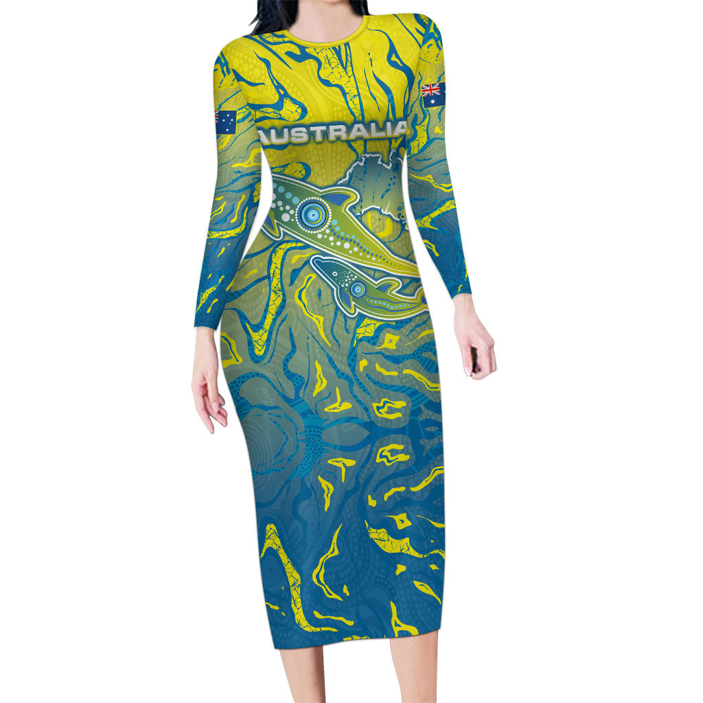 Australia National Swimming Team Long Sleeve Bodycon Dress Aboriginal Shark Dot Pattern Ocean Art
