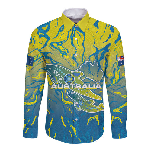 Australia National Swimming Team Long Sleeve Button Shirt Aboriginal Shark Dot Pattern Ocean Art