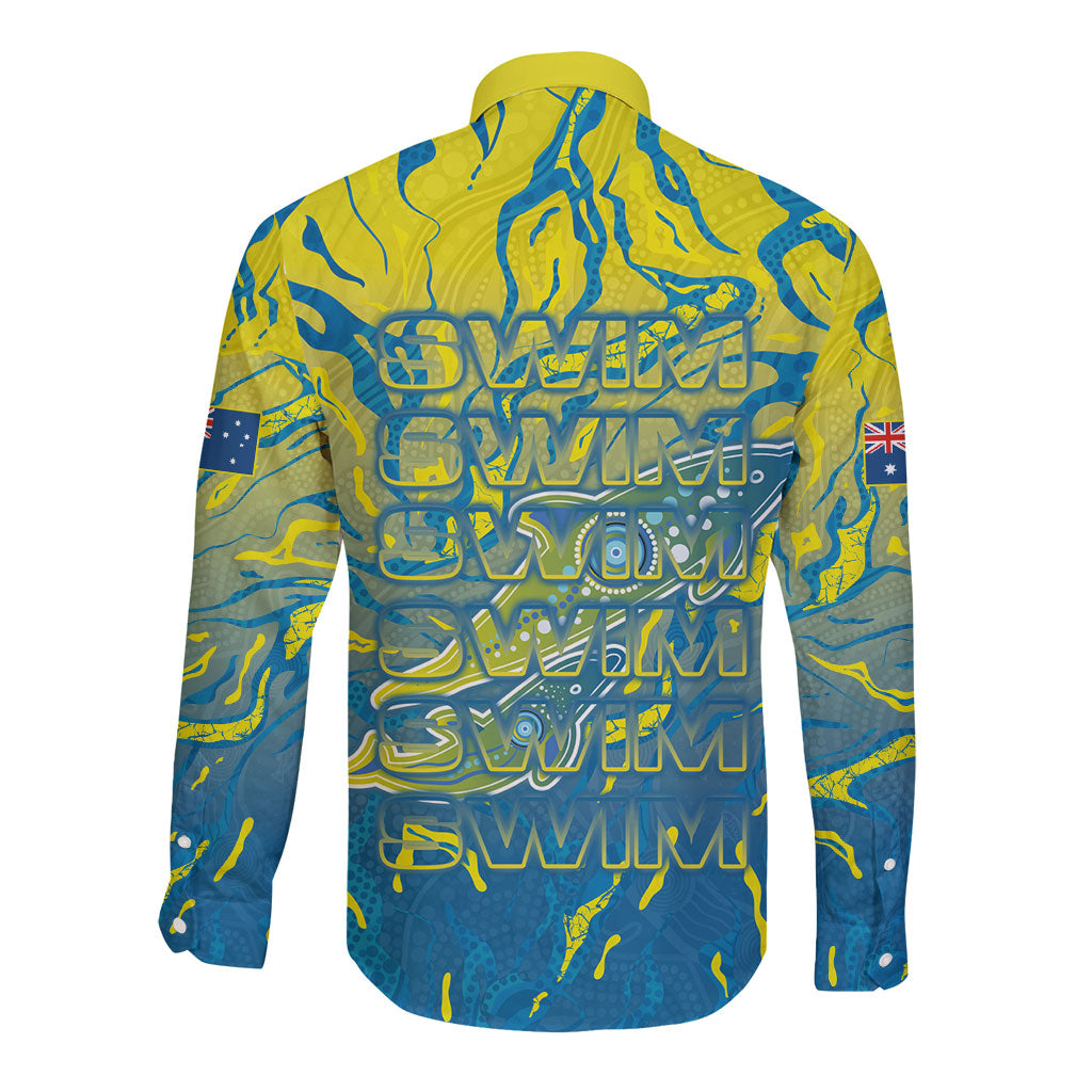 Australia National Swimming Team Long Sleeve Button Shirt Aboriginal Shark Dot Pattern Ocean Art