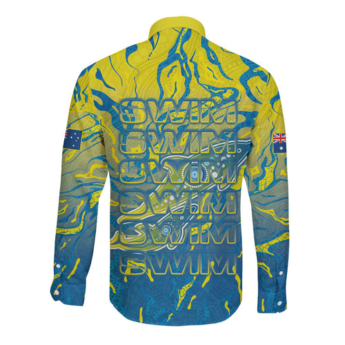Australia National Swimming Team Long Sleeve Button Shirt Aboriginal Shark Dot Pattern Ocean Art