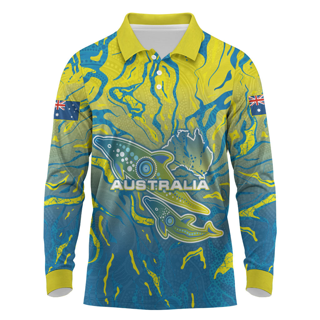 Australia National Swimming Team Long Sleeve Polo Shirt Aboriginal Shark Dot Pattern Ocean Art