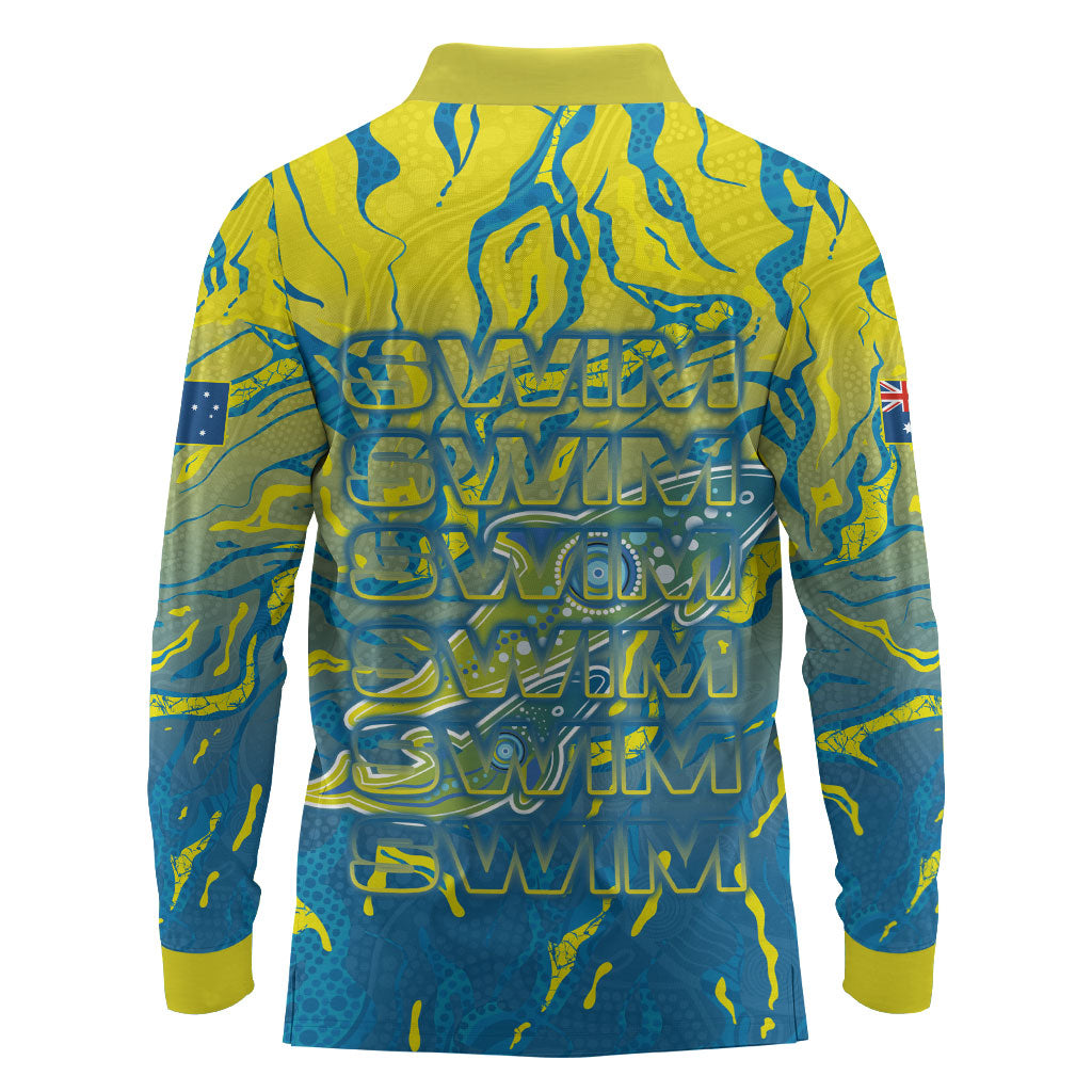 Australia National Swimming Team Long Sleeve Polo Shirt Aboriginal Shark Dot Pattern Ocean Art