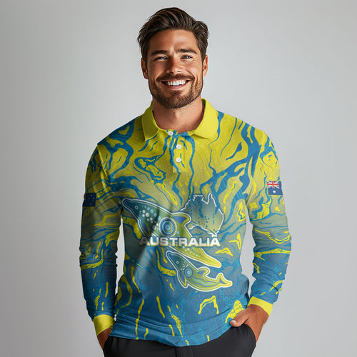 Australia National Swimming Team Long Sleeve Polo Shirt Aboriginal Shark Dot Pattern Ocean Art