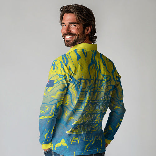 Australia National Swimming Team Long Sleeve Polo Shirt Aboriginal Shark Dot Pattern Ocean Art