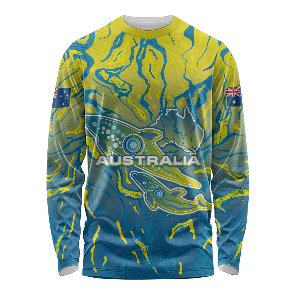 Australia National Swimming Team Long Sleeve Shirt Aboriginal Shark Dot Pattern Ocean Art