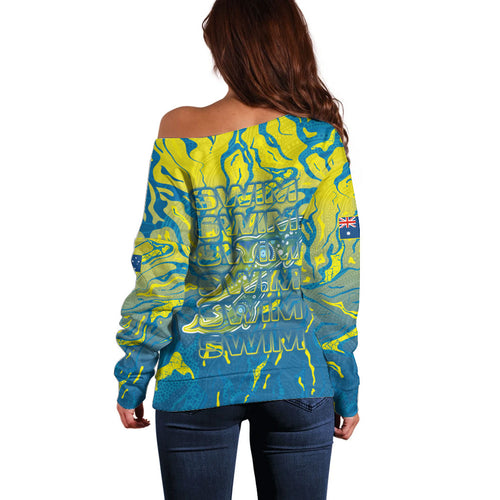 Australia National Swimming Team Off Shoulder Sweater Aboriginal Shark Dot Pattern Ocean Art
