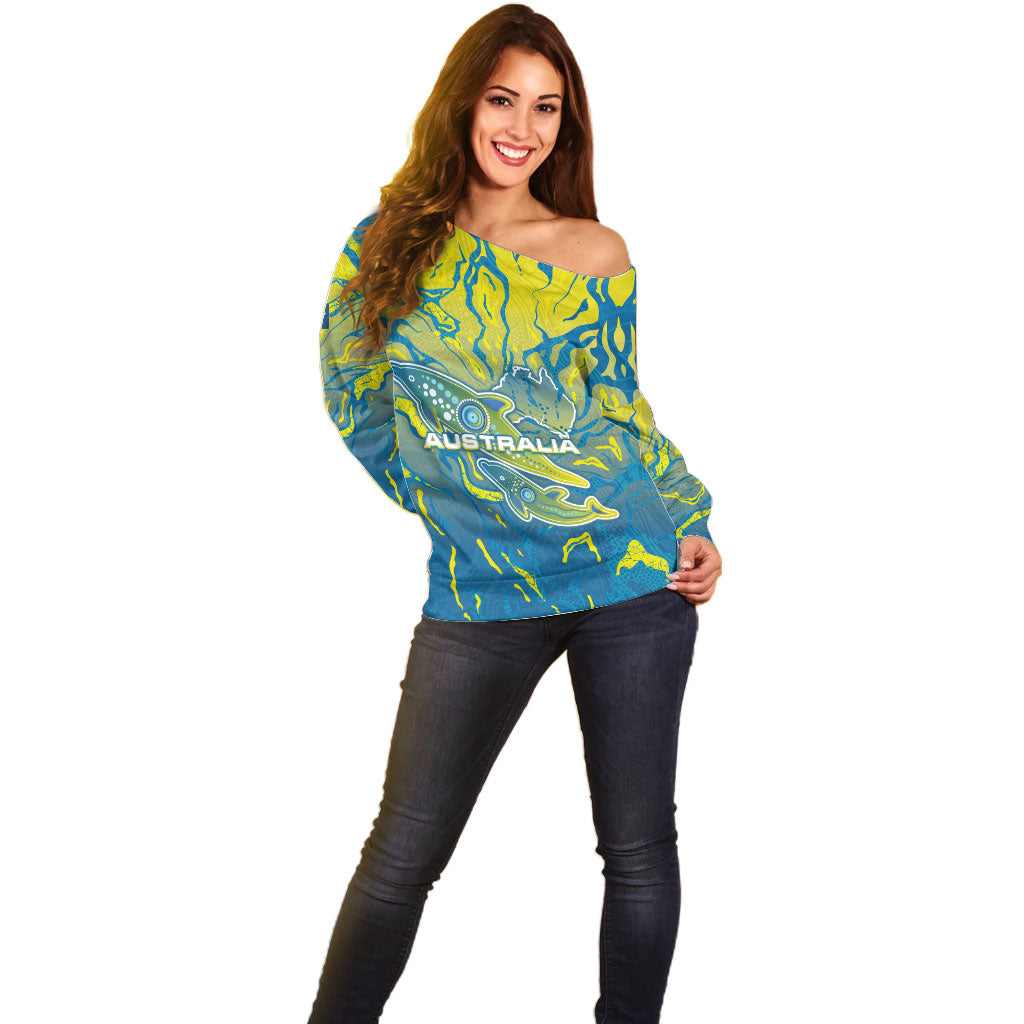 Australia National Swimming Team Off Shoulder Sweater Aboriginal Shark Dot Pattern Ocean Art