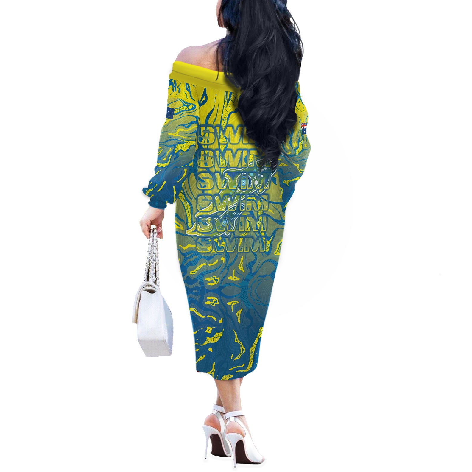 Australia National Swimming Team Off The Shoulder Long Sleeve Dress Aboriginal Shark Dot Pattern Ocean Art