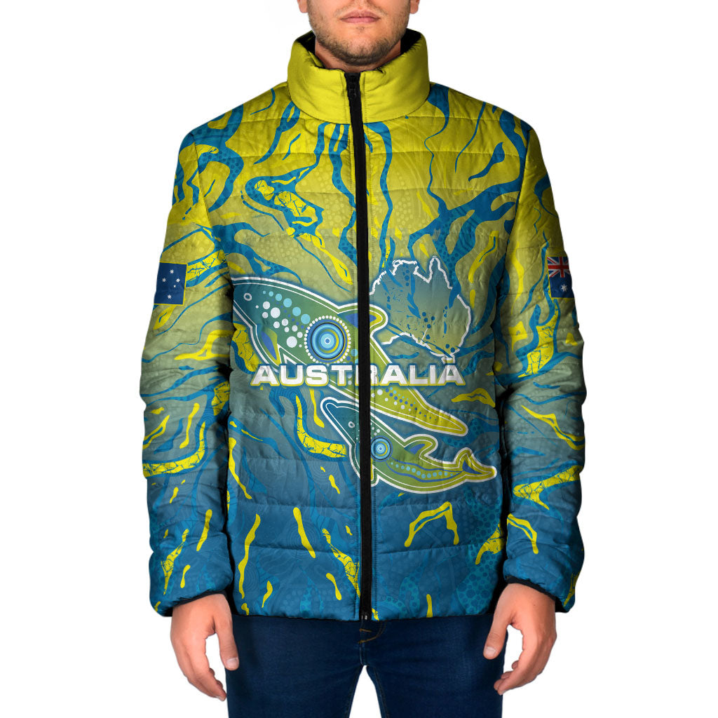 Australia National Swimming Team Padded Jacket Aboriginal Shark Dot Pattern Ocean Art