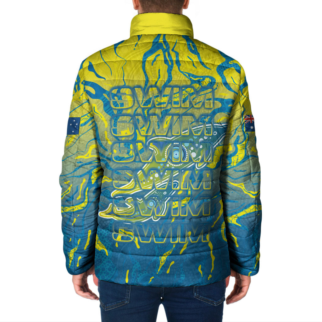 Australia National Swimming Team Padded Jacket Aboriginal Shark Dot Pattern Ocean Art