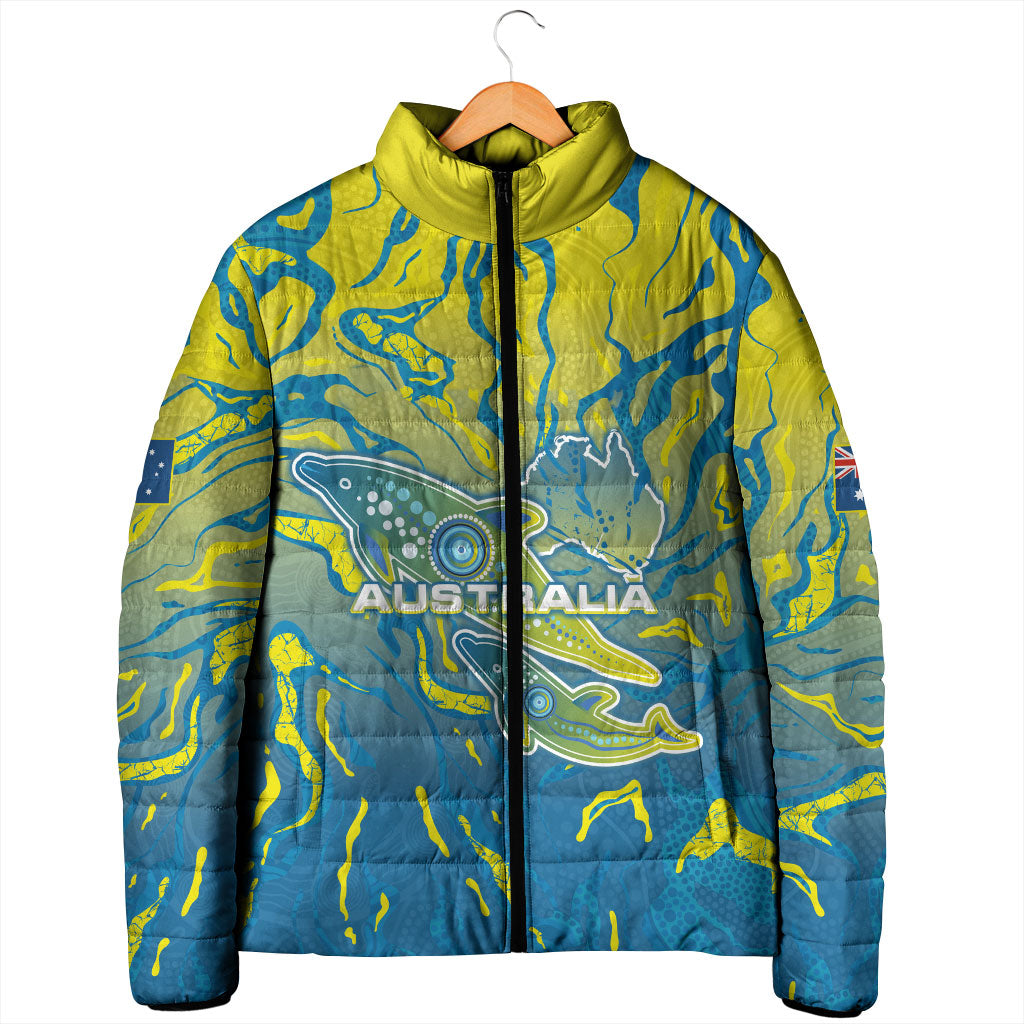 Australia National Swimming Team Padded Jacket Aboriginal Shark Dot Pattern Ocean Art