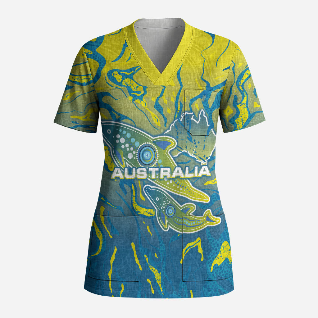 Australia National Swimming Team Scrub Top Aboriginal Shark Dot Pattern Ocean Art