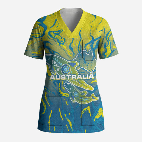 Australia National Swimming Team Scrub Top Aboriginal Shark Dot Pattern Ocean Art