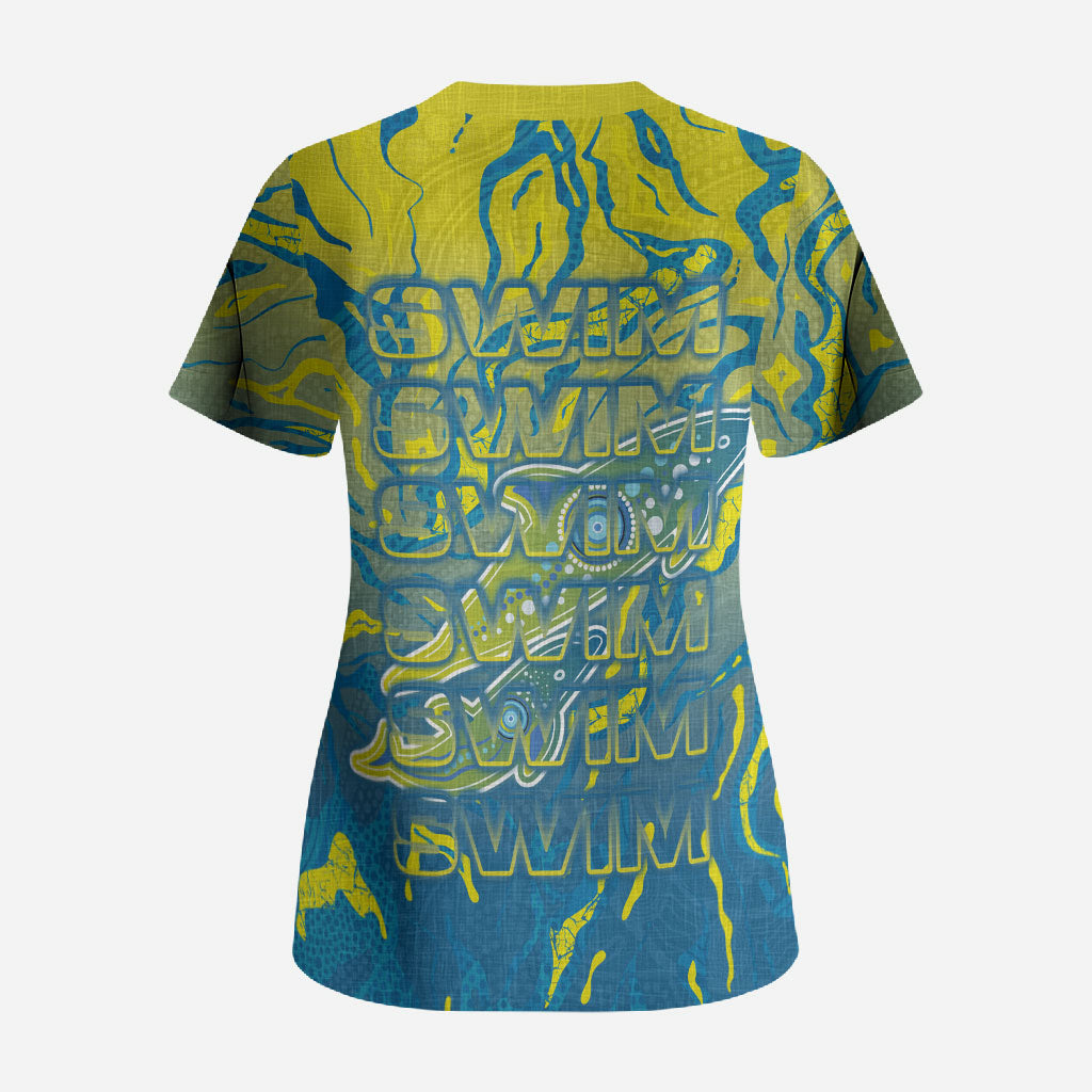 Australia National Swimming Team Scrub Top Aboriginal Shark Dot Pattern Ocean Art