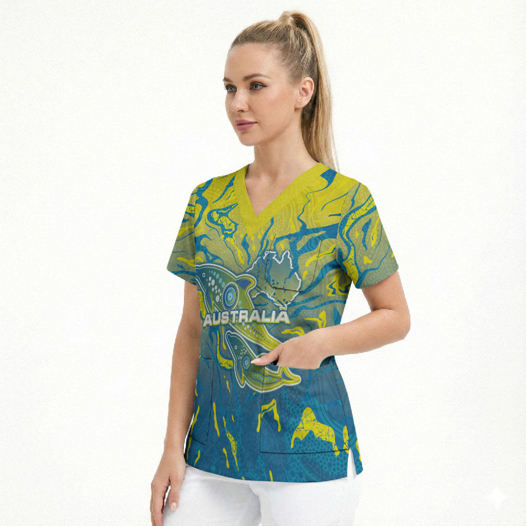 Australia National Swimming Team Scrub Top Aboriginal Shark Dot Pattern Ocean Art