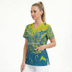 Australia National Swimming Team Scrub Top Aboriginal Shark Dot Pattern Ocean Art