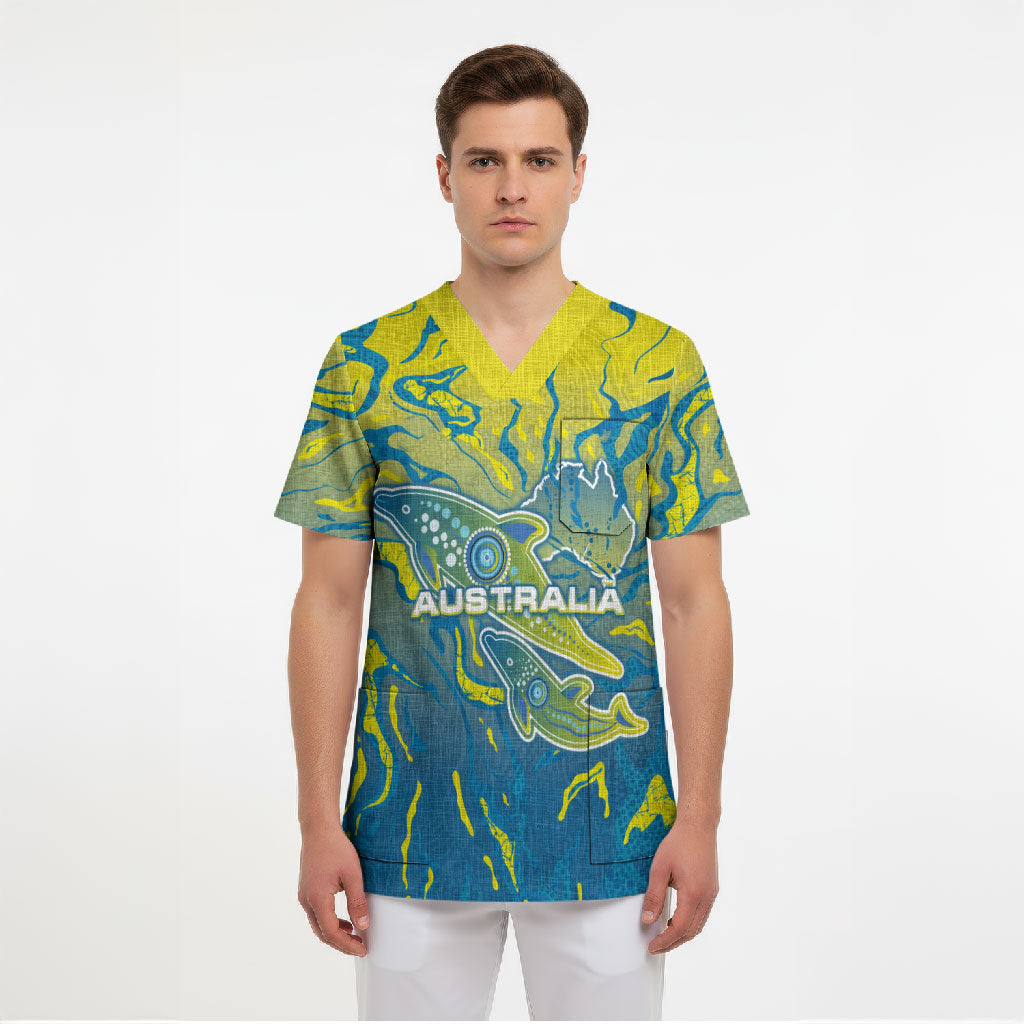 Australia National Swimming Team Scrub Top Aboriginal Shark Dot Pattern Ocean Art