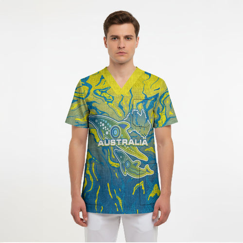 Australia National Swimming Team Scrub Top Aboriginal Shark Dot Pattern Ocean Art