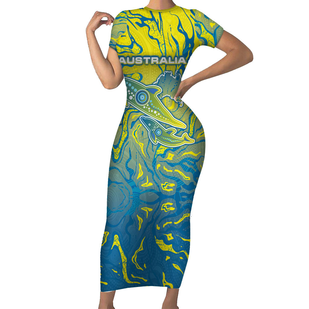 Australia National Swimming Team Short Sleeve Bodycon Dress Aboriginal Shark Dot Pattern Ocean Art