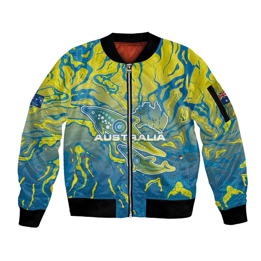 Australia National Swimming Team Sleeve Zip Bomber Jacket Aboriginal Shark Dot Pattern Ocean Art