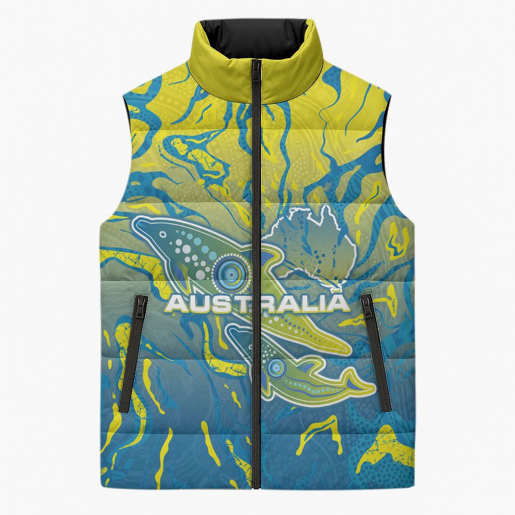 Australia National Swimming Team Sleeveless Puffer Jacket Aboriginal Shark Dot Pattern Ocean Art