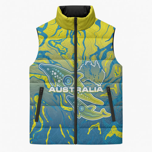 Australia National Swimming Team Sleeveless Puffer Jacket Aboriginal Shark Dot Pattern Ocean Art