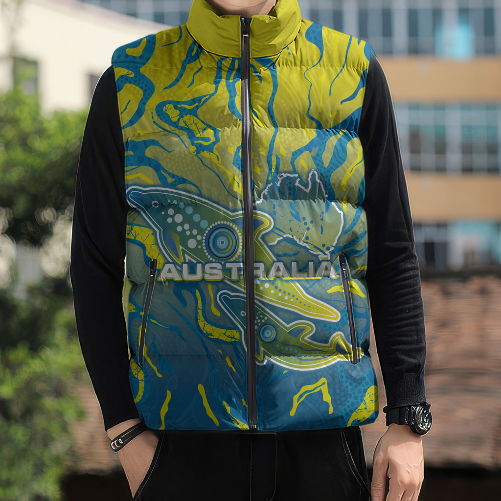 Australia National Swimming Team Sleeveless Puffer Jacket Aboriginal Shark Dot Pattern Ocean Art