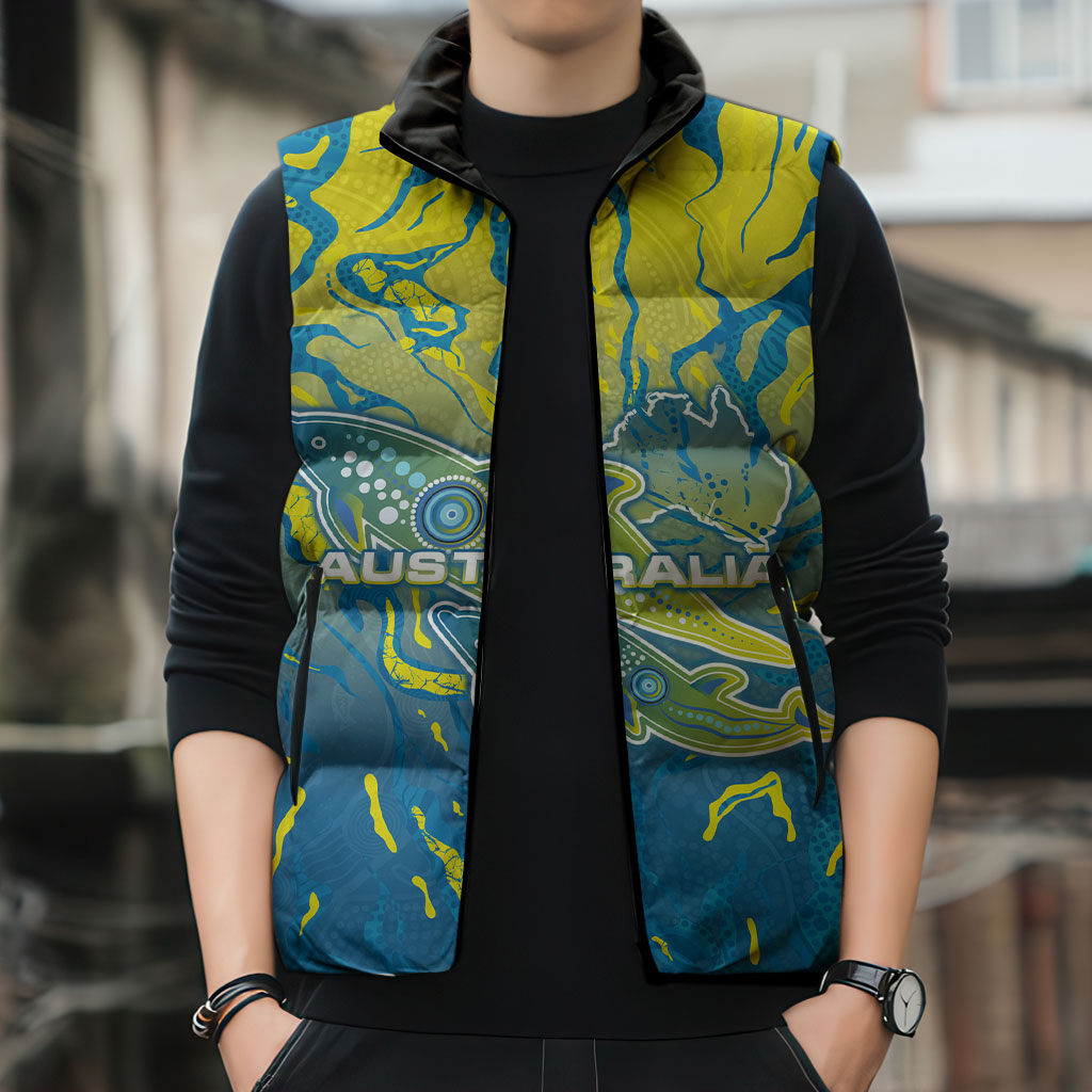 Australia National Swimming Team Sleeveless Puffer Jacket Aboriginal Shark Dot Pattern Ocean Art