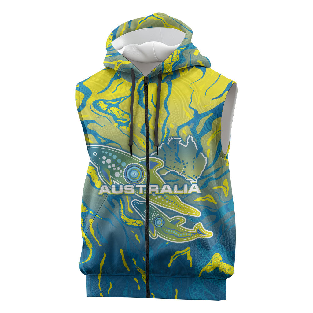 Australia National Swimming Team Sleeveless Zip Hoodie Aboriginal Shark Dot Pattern Ocean Art